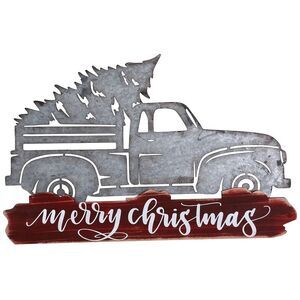 Merry Christmas Cut Out Pickup Truck Holiday Sign Metal 18 Inches